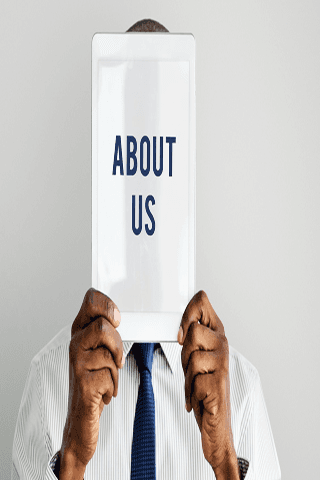 Professional holding an About Us sign