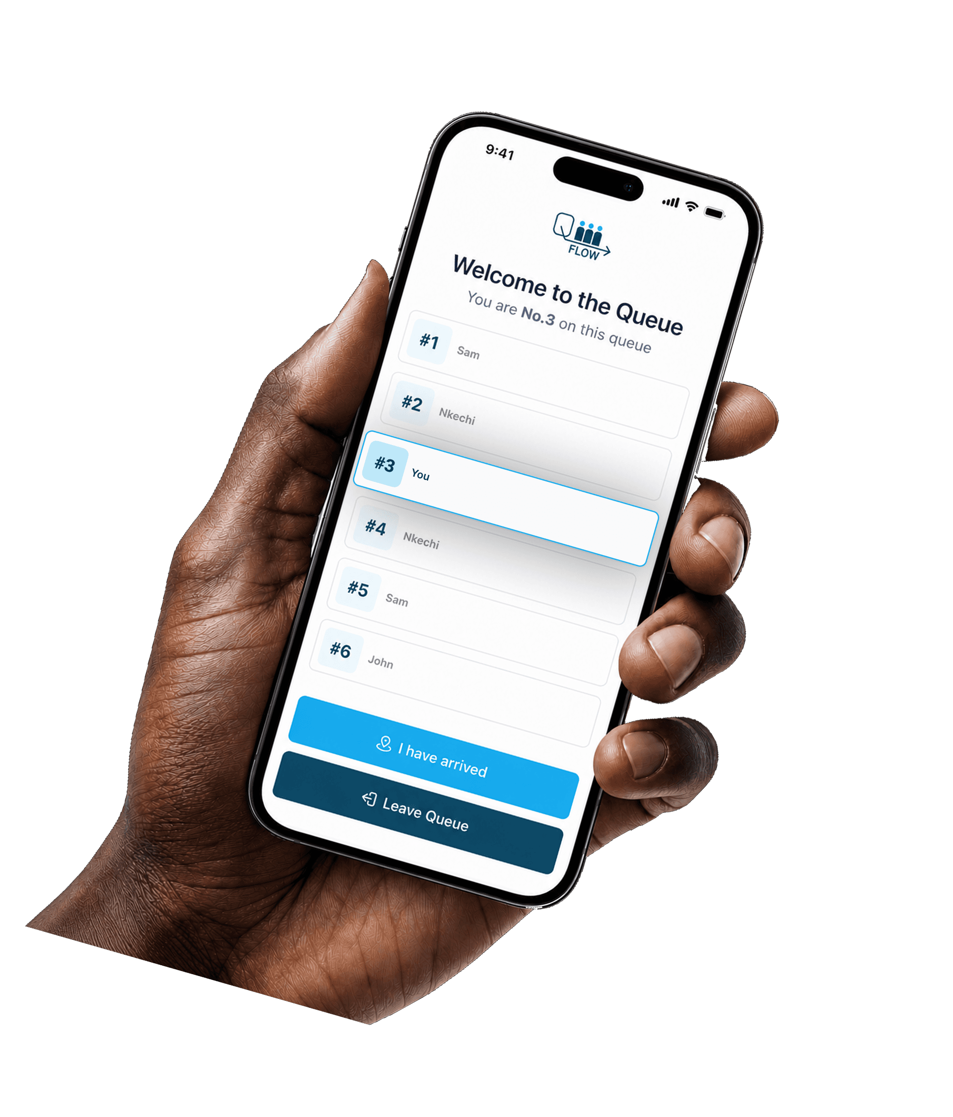QueueFlow app showing a live queue tracking interface on a smartphone