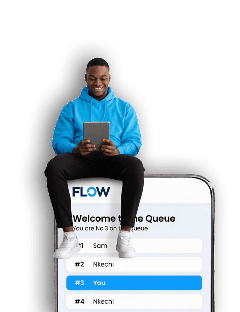 Customer sitting comfortably on a smart phone queue interface